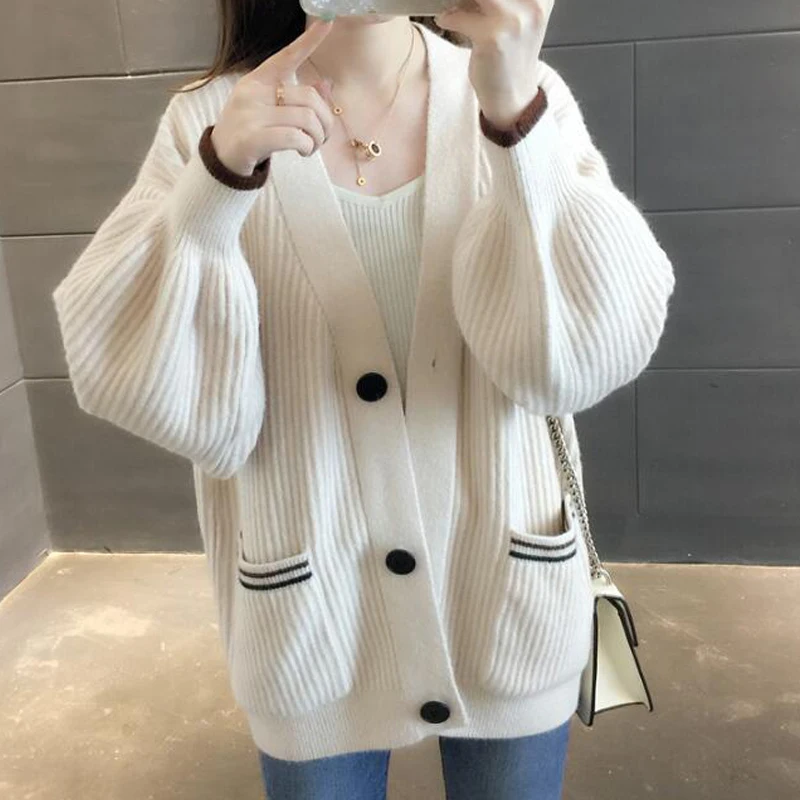 Hirsionsan Sweater Women Autumn Knitted Long Cardigans Korean Solid V-neck Big Pocket Clothes Loos Warm Jumper Femme Tops |
