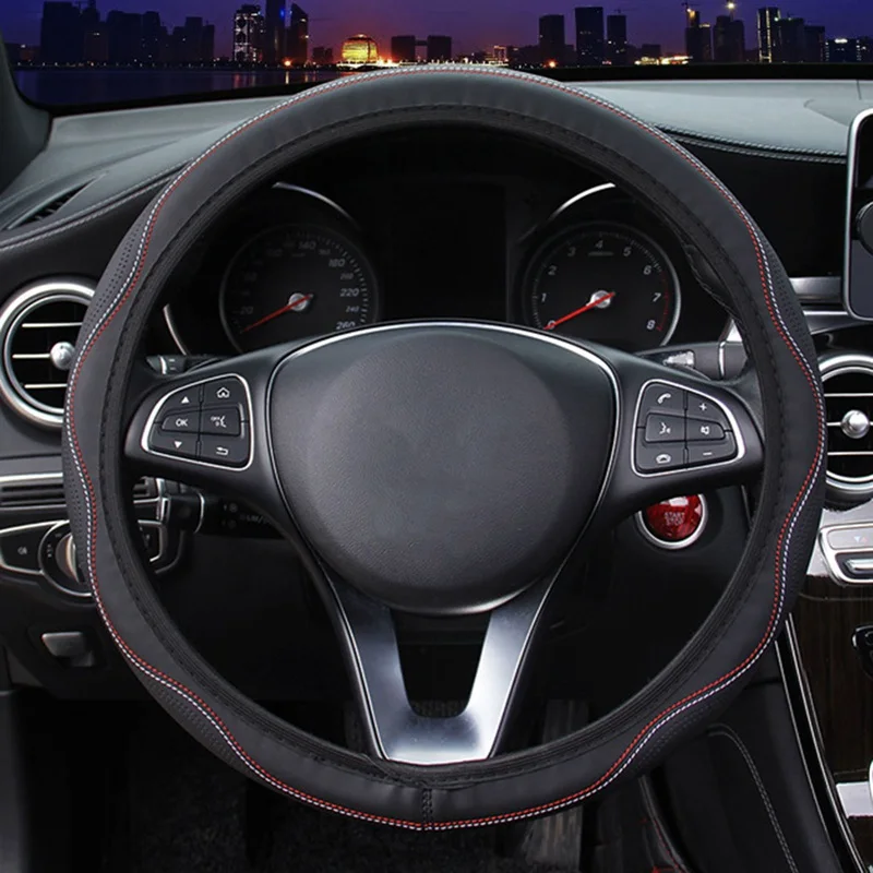 

Car Steering Wheel Cover Leather Dual-color Fiber Leather Black 37-38cm Universal Without Inner Ring/breathable And Non-slip