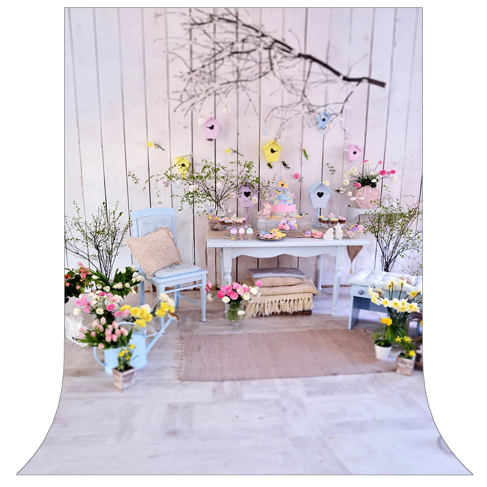 

Spring Easter Photo Backdrop Colorful Eggs Flowers Wood Floor Photography Backdgrounds Photoshoot Studio Banner