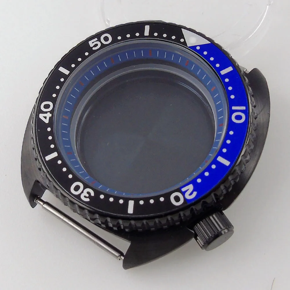 

Black Plated 45mm Watch Case Fit For NH35/NH35A NH36/NH36A Movement 50M Waterproof Blue Chapter Ring Alloy Bezel Insert Sapphire