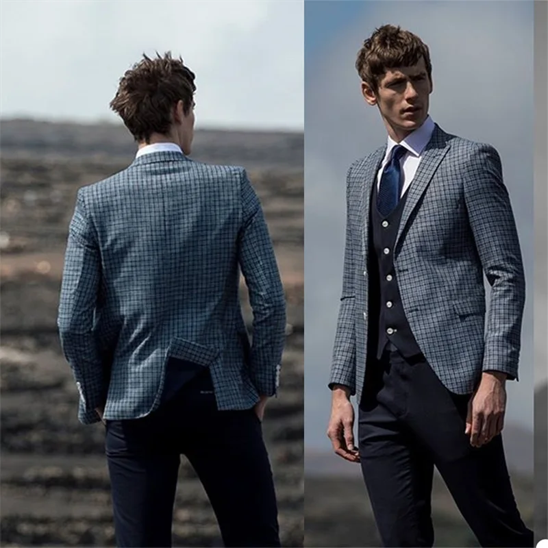 

2020 British Leisure Gentleman Men's Suit 3 pieces Two Button (Blue Plaid Coat+ Black Vest +Black Pant) Tuxedos Business Suit