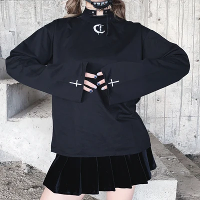 Новинка женские весенне-Осенние футболки в стиле панк черные свободные