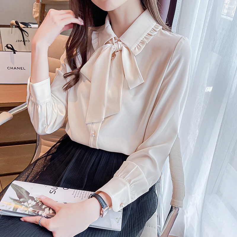

Korean Women Shirt Chiffon Blouse for Female Long Sleeve Shirts Tops Woman White Polo-Neck Blouse Tops Plus Size Basic Shirt