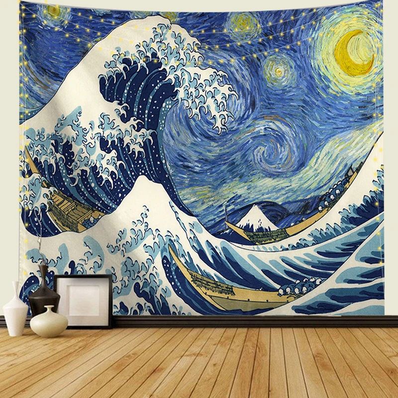 

Kanagawa Waves Printed Hanging Mandala Tapestry Starry Sky Macrame Wall Hanging Tapestries Boho Decor Mat Blanket Japan 230x180