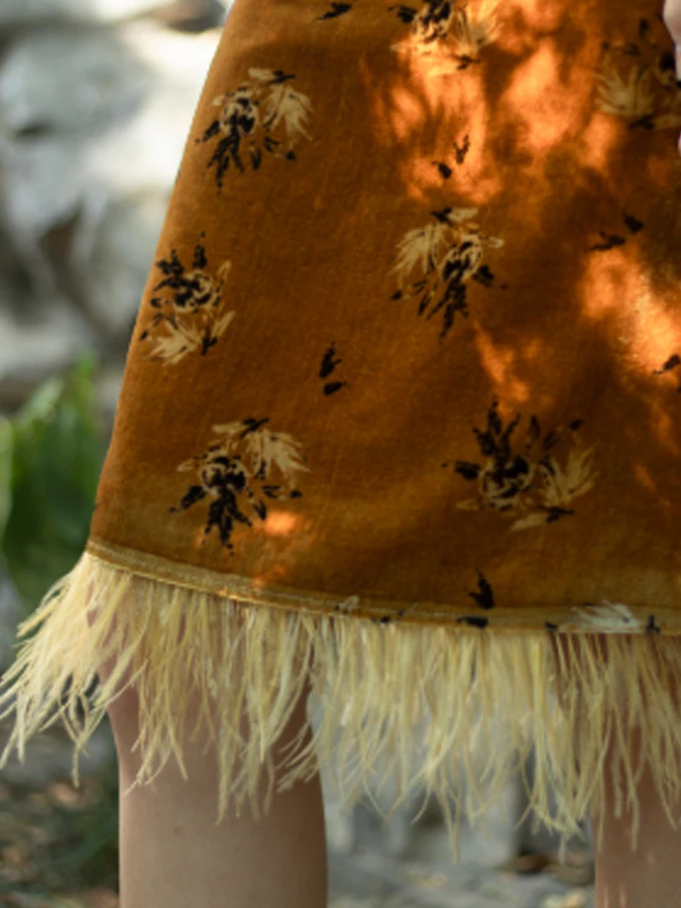 

2021 Retro Floral Embroidery Skirt Casual Fashion Straight Skir for Women Spring Autumn Clothes Print Chiffon Office Lady