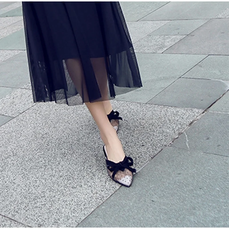 

Women's Summer Pointed Toe Lace Slippers Ladies Slip On Butterfly Knot Casual Shoes Woman Polka Dot Light Comfort Female Slipper