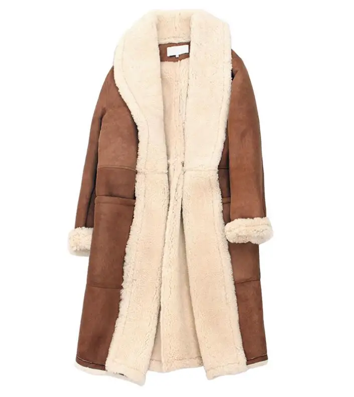 Женское пальто из овечьей замши длинное 100% шерсти уличная теплая парка меховое |