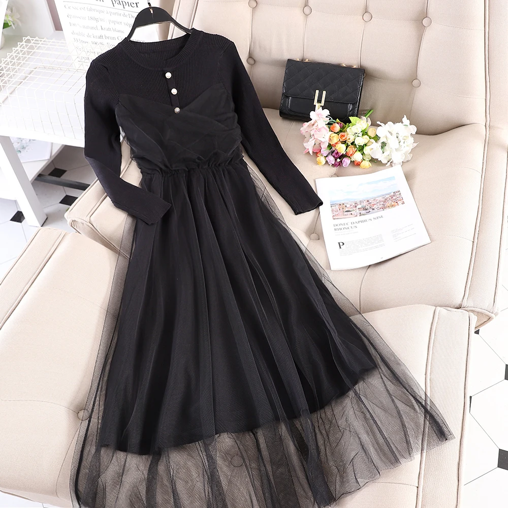Women Dress Женское зимнее Плиссированное Полосатое трикотажное платье с круглым вырезом и длинными рукавами, винтажное эластичное тонкое Сетчатое газовое платье на пуговицах, платье миди - Цвет: Women Dress
