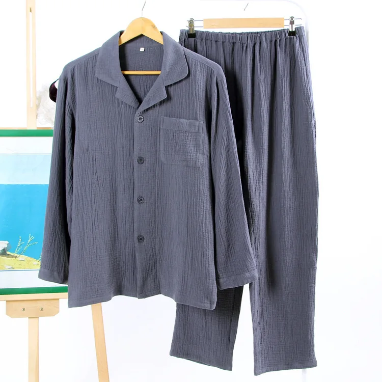 Пижама мужская двойная из крепа и Марли однотонная хлопковая рубашка с длинным