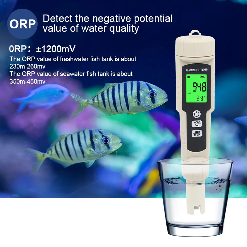 Цифровой измеритель качества воды тестер 4 в 1 H2/PH/ORP/TEMP для бассейнов питьевой