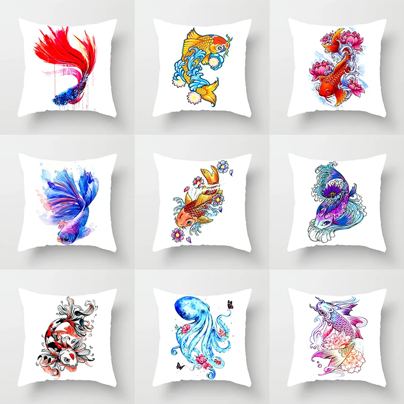 

Decorative Pillowcase Watercolor fish Cushion Cover 45x45 Polyester Throw Pillow Sofa linen Cushions Home Decor Pillowcover