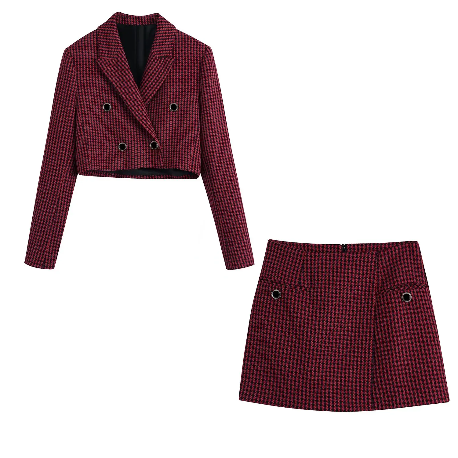 

Women 2022 New Fashion Double Breasted Houndstooth Cropped Blazer Coat Vintage Long Sleeve Female Outerwear Chic Femme