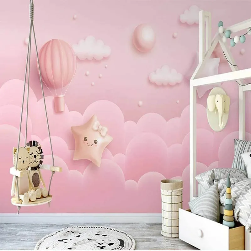 

Custom Any Size Self-Adhesive 3D Pink Starry Sky Clouds Hot Air Balloon Princess Room Background Wall Papel De Parede Sticker