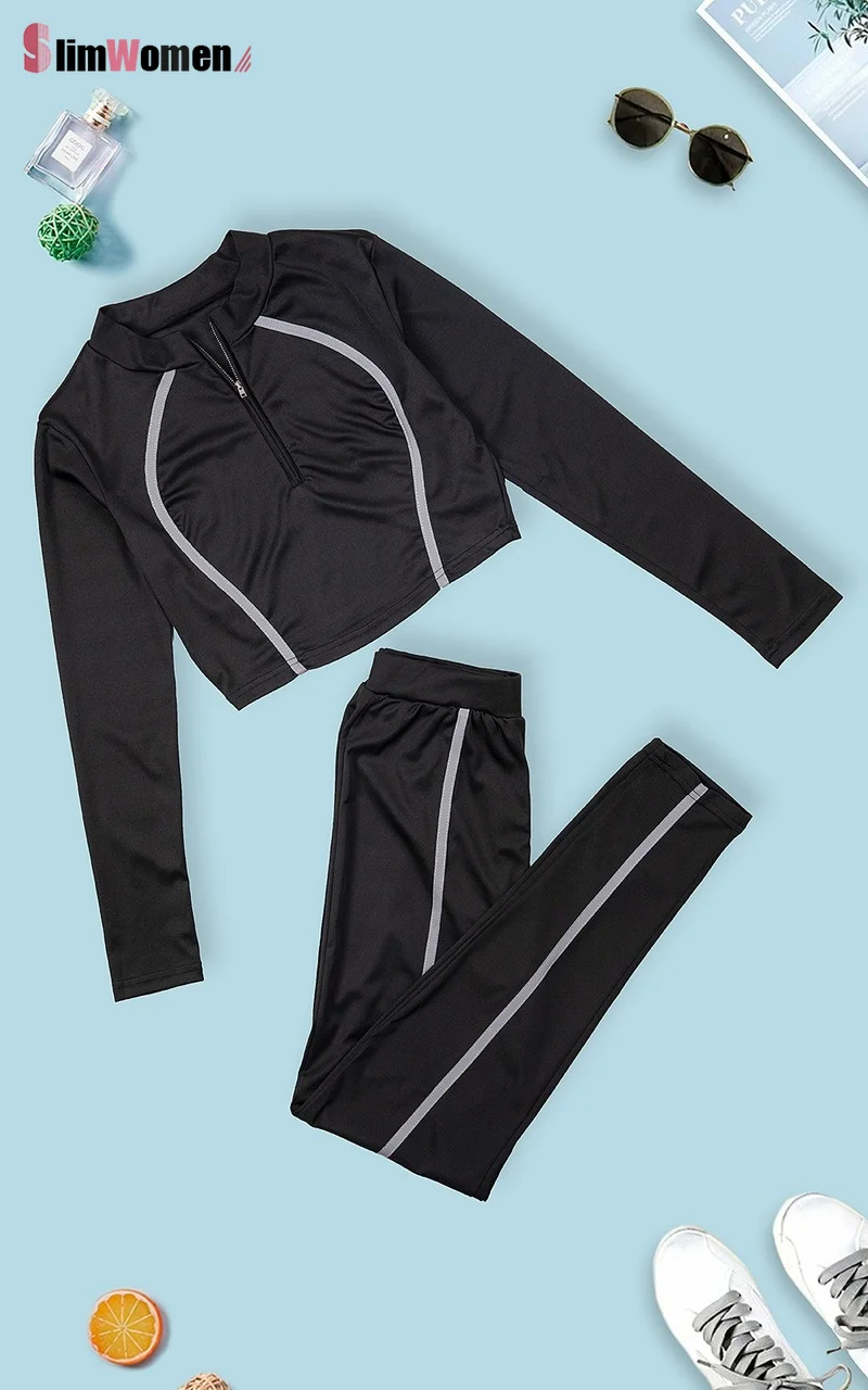 Осенний Женский комплект 2 шт. спортивный костюм со светоотражающими полосками