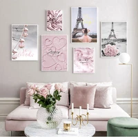 romantic france paris pink flower feather canvas posters and prints girl scandinavian love wall art painting decorative pictures