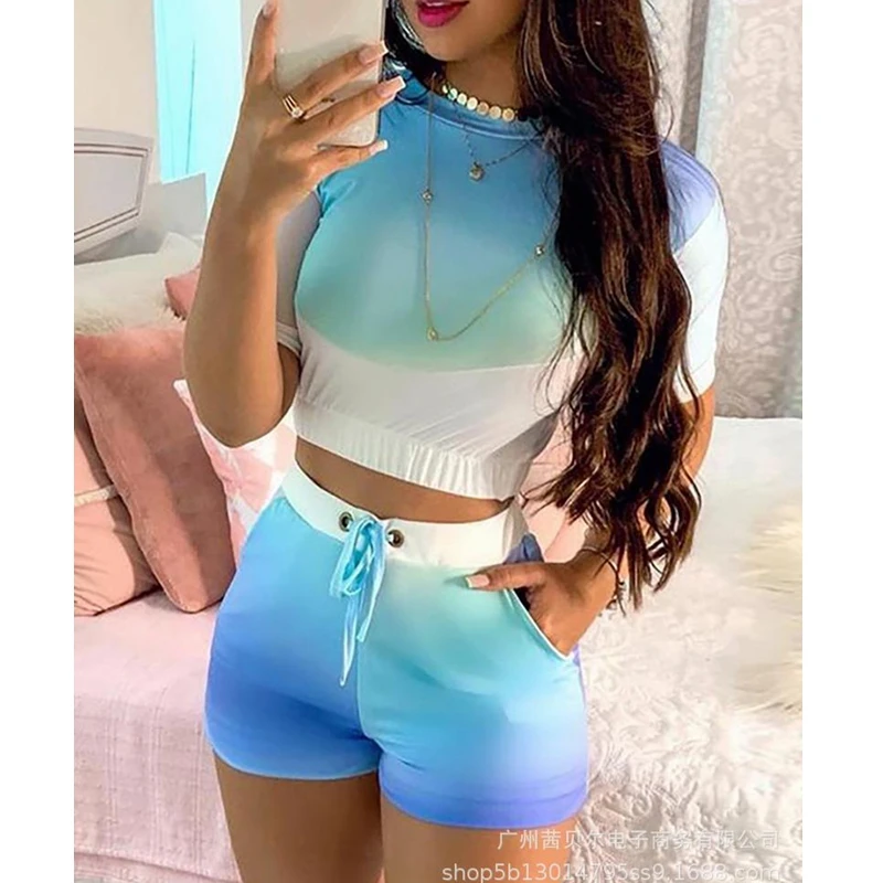 

WEPBEL Women's Casual Slim Gradient Suit Summer O-Neck Short Sleeves T-shirt + Tied High Waist Pocket Straight Shorts Suit