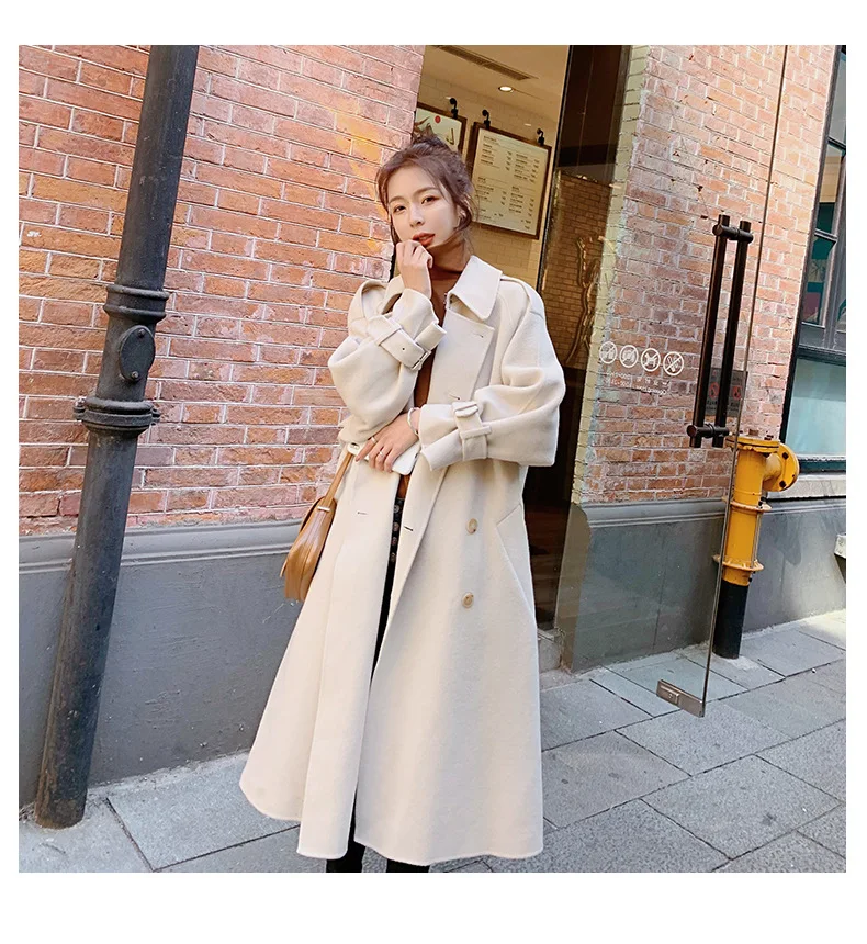 

Korean Autumn Winter Wool Jacket Women Double Breasted Coats Elegant Overcoat Fashion Coat Pockets Woolen Loose Long Coat
