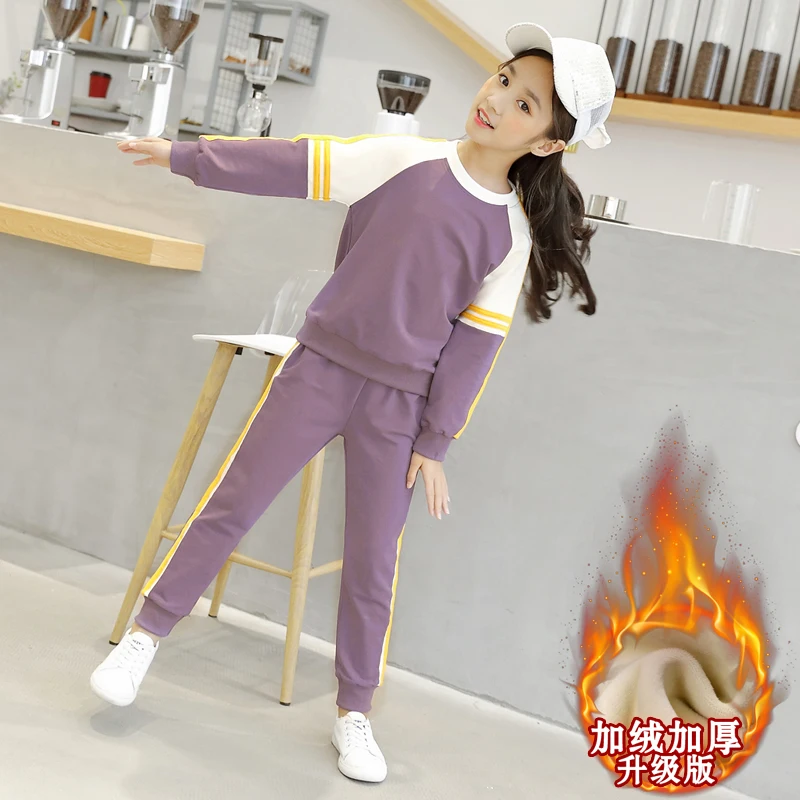 

Teens Big Girl 2 pcs Winter Clothes Plus Velvet Thick Casal Sport Set School Girl Clothing Outfit