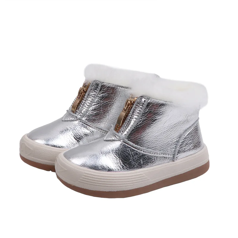 Глянцевые зимние ботинки для маленьких девочек плюшевые из натуральной кожи