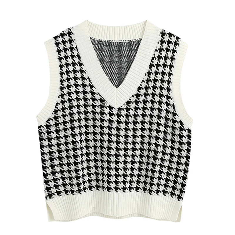 

Women 2020 Fashion Oversized Houndstooth Knitted Vest Sweater Vintage Sleeveless Side Vents Female Waistcoat Chic Tops