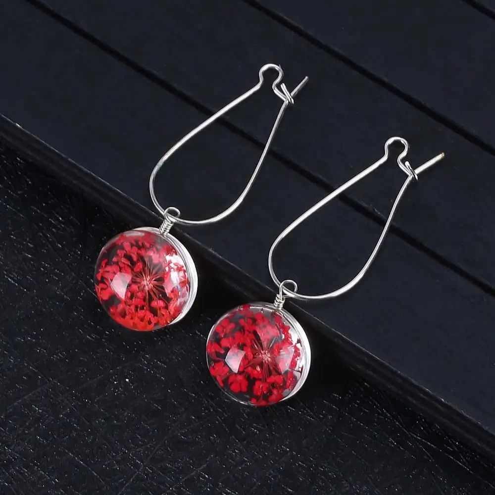 Серьги ручной работы из прозрачного стекла с высушенными цветами для женщин