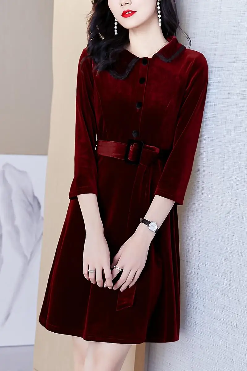 

Luxury Dress Women Velvet Ladies Dresses Sashes Korean Dress Vestido De Muje Turn-down Collar Robe Femme Long Sleeve Dress
