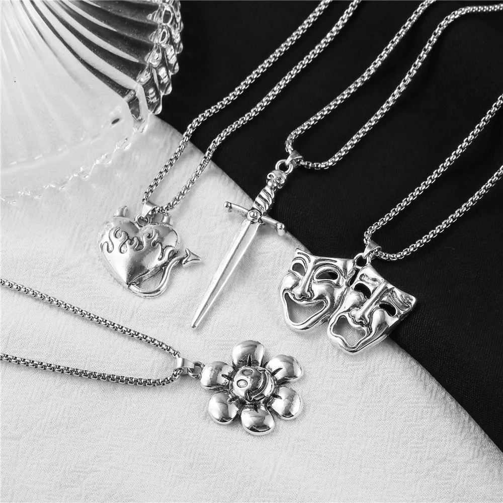 

Retro Punk Style Silver Devil Smiley Heart Dagger Flowers Pendant Necklace Women's Mobile Phone Ornaments Women's Jewelry Gifts