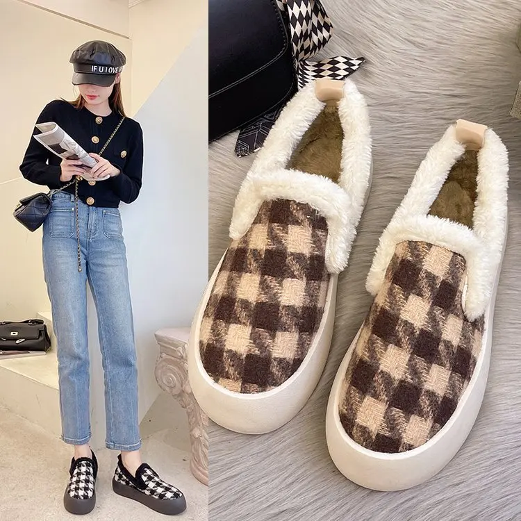 

Женские зимние ботинки-бини, новинка 2021, корейская модная универсальная теплая хлопковая обувь на толстой подошве с флисовой подкладкой