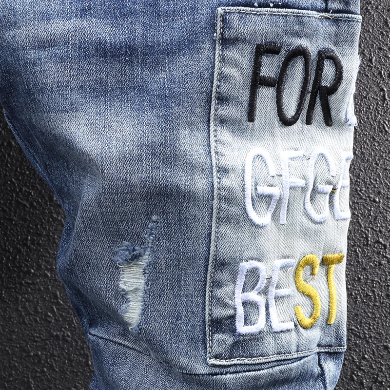 American Street Fashion Men Jeans Retro Blue Embroidery Designer Slim Fit Ripped Jeans Men Patchwork Casual Hip Hop Denim Pants