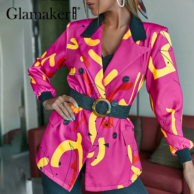 

Glamaker Rose red office ladies printed blazer Winter warm casual autumn fashion party jacket Women chic high street outwear