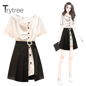 Женский комплект из двух предметов Trytree, повседневный однобортный однотонный топ с v-образным вырезом и юбка, черный мини-комплект из 2 предметов, лето 2020