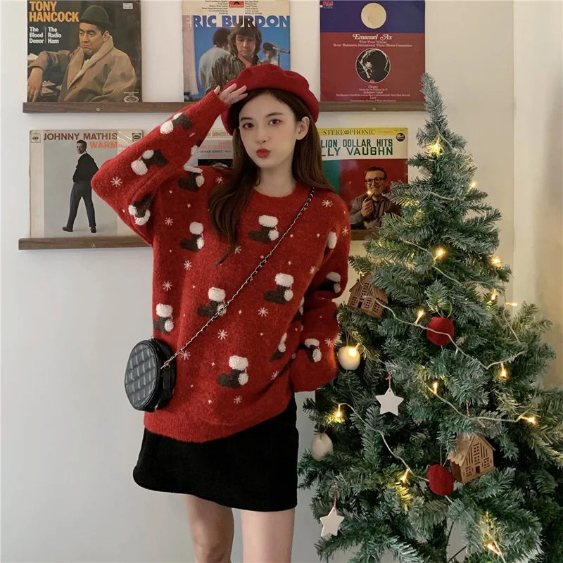 

Zoki Christmas ladies printed sweater autumn and winter red fashion Korean style loose large round neck pullover long sleeve top