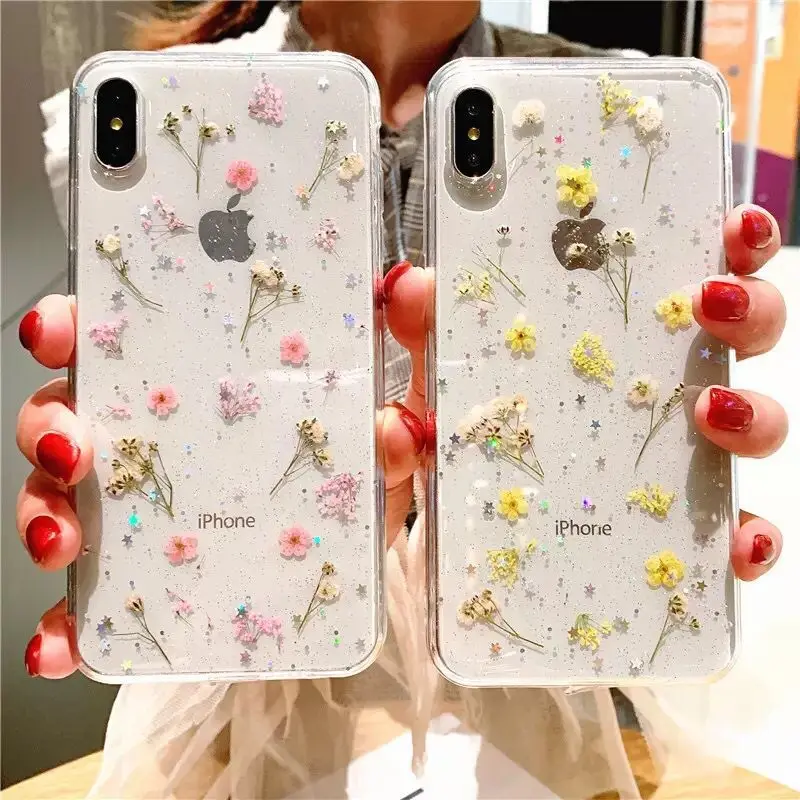 Роскошный прозрачный чехол с блестками Real Dry Flower для iphone 11 12 Mini Pro Max X XR XS MAX SE 2020 6 6S 7