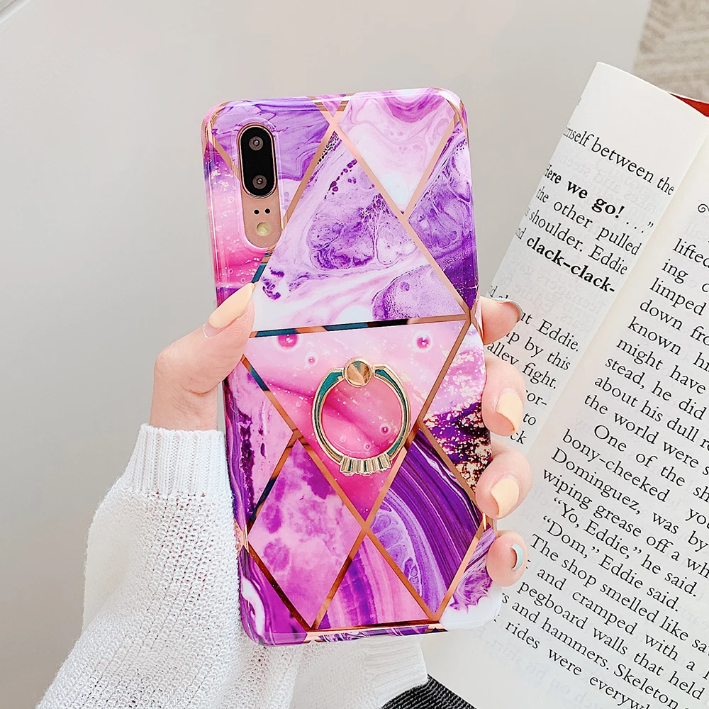 

Electroplate Geometric Marble Phone Case For Huawei P40 P20 P30 Pro Mate 30 20 Lite Ring Kickstand Soft IMD Back Cover