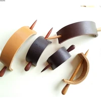 hand crafted leather hair stick barrette in boho style leather pin for ponytail holder women hair slide wwood stick brown