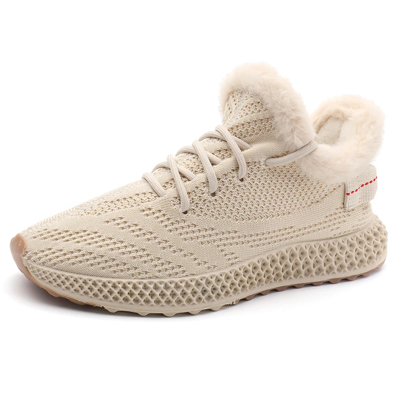 Beige with Fur Женские кроссовки из сетчатого материала на шнуровке; однотонная обувь на плоской платформе с закрытым носком; тканевая трикотажная женская обувь на танкетке; сезон весна-осень; 812W - Цвет: Beige with Fur