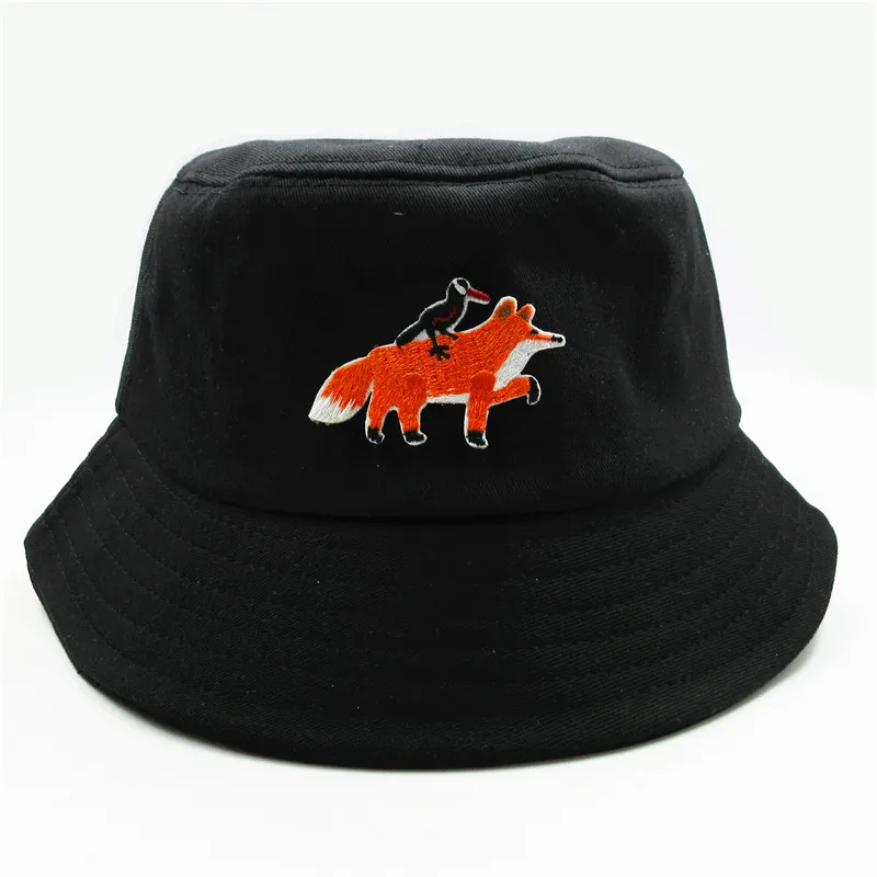 

Cartoon Fox Embroidery Cotton Bucket Hat Fisherman Hat Outdoor Travel Hat Sun Cap Hats for Men and Women