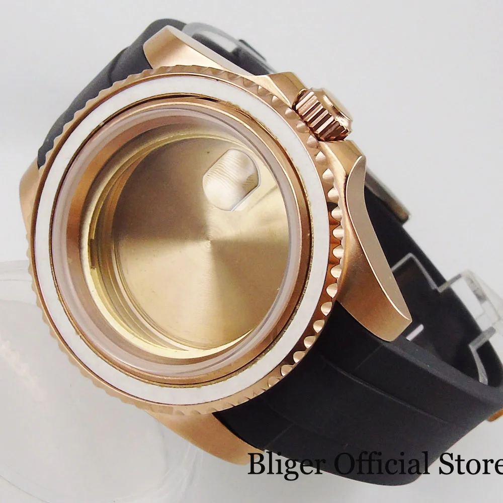 BLIGER Rose Gold Coated 40mm Automatic Watch Case for NH35A PT5000 ETA 2824 2836 DG Without Insert Rubber Strap Mental Back