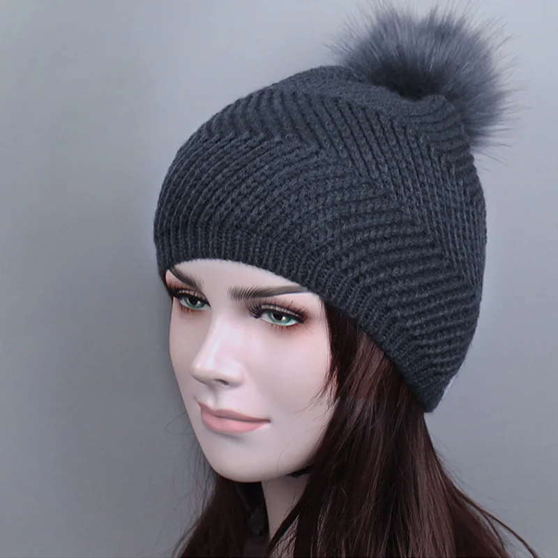 Dark gray Вязаная шапка с помпонами из искусственного меха норки, зимняя женская шапка, шапка для девочек, лыжная шапка gorro - Цвет: Dark gray
