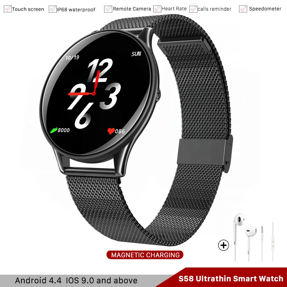 Ultrathin Smart Watch Men olid black belt.Glass IP67 waterproof Fitness tracker SmartWatch SMS Facebook Messenger notifications |