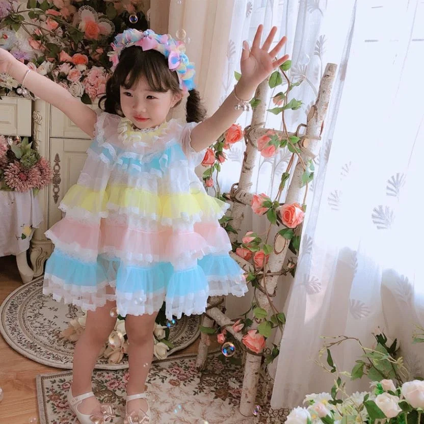 

3PCS 2020 Summer Spanish dress baby girl clothes Lace Mesh stitching dress Sweet cute princess dress for girls vestidos Y3189