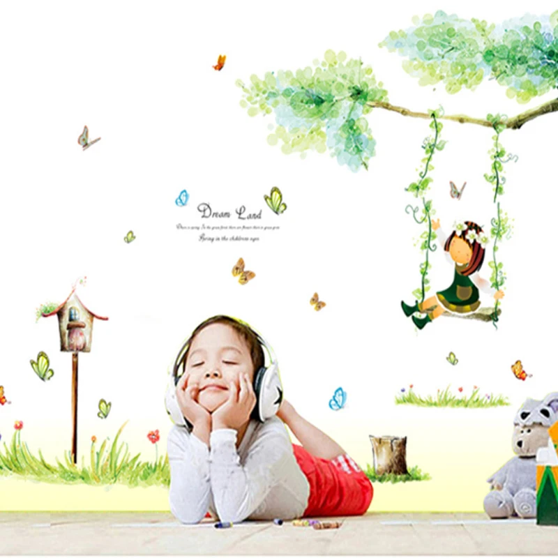 

MAMALOOKSwing girl self-adhesive removable decals family kids children bedroom living room decoration mural PVC wall stickers
