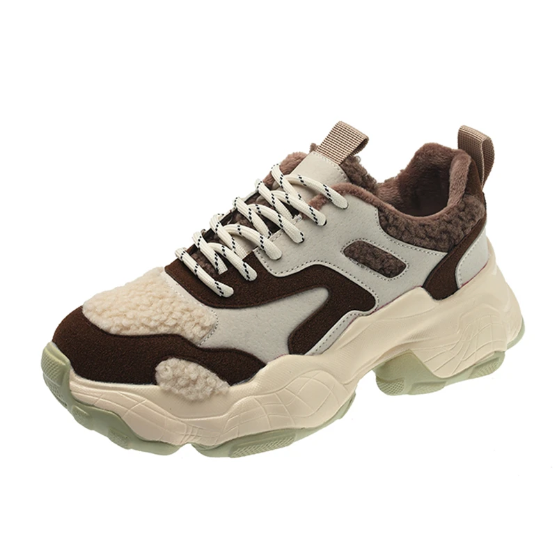 

Женские массивные кроссовки, повседневные кроссовки на шнуровке, теплая спортивная обувь с мехом и вулканизированной подошвой, сезон зима ...