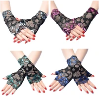 women summer thin sunscreen fingerless gloves hollow jacquard floral lace contrast color dance party driving mittens