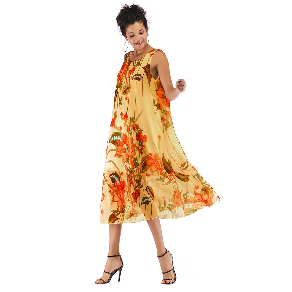 

Summer Women Chiffon Dresses O Neck Sleeveless Floral Print Dress Beach Holiday Long Loose Boho Sundress Female Tank Vestido