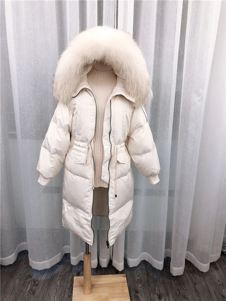 

Женская зимняя куртка на белом утином пуху, теплая Толстая длинная парка с большим воротником из натурального меха и капюшоном, женская вер...