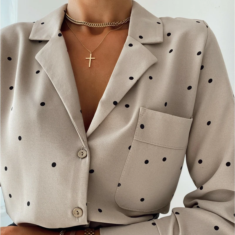 

Pocket Long Sleeve Turn Down Collar Women Blouse Office Lady Polka Dot Cotton Casual Shirts 2021 New Spring