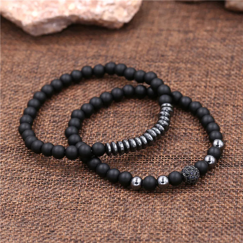 

New 3Pc/Sets Micro Pave CZ 8mm Disco Ball & Bar Charms Bracelets Sets 6mm Matte Beads Stone Bracelet Men Women Jewelry bileklik