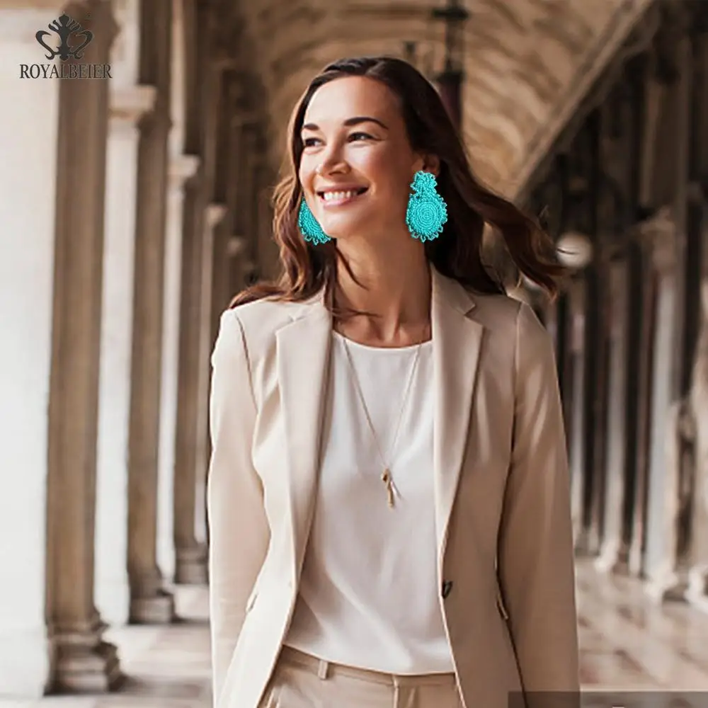 Богемные женские висячие серьги ROYALBEIER длинные кисточки с бусинами ручной работы