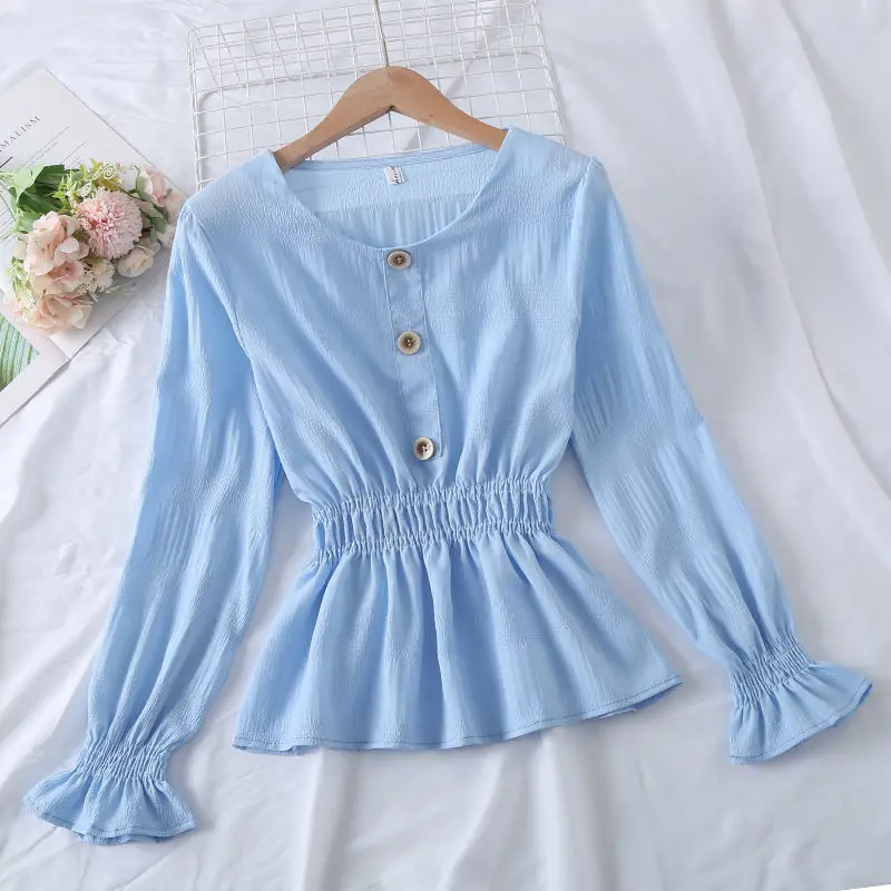 

Женская блузка на пуговицах, с рукавами-фонариками, однотонная, с круглым вырезом, весна-осень, SP912